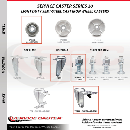 Service Caster Semi Steel Swivel TS Caster w/Roller Bearing-3" Wheel&1/2" Stem w/Total Lock BRK SCC-TSTTL20S315-SSR-121315